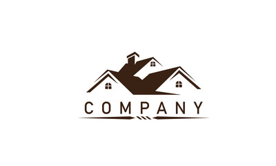 Real estate logo - house with chimney on the roof and green check mark on the white background