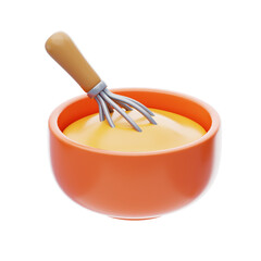 3D Baking With Whisk In A Bowl. 3d illustration, 3d element, 3d rendering. 3d visualization isolated on a transparent background