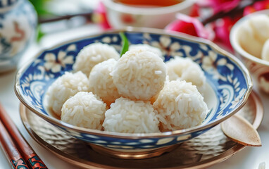 Chinese festival decoration style food rice balls,created with Generative AI tecnology.