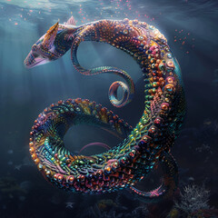 A sea snake with a body like a kaleidoscope, its colors and patterns are constantly changing