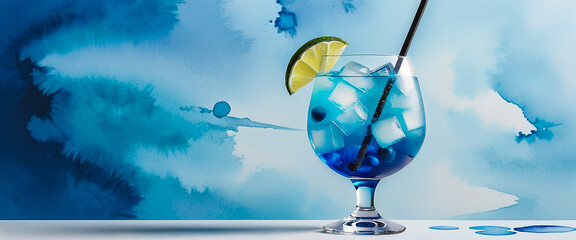 Cocktail with lime garnish. Blue drink with ice in clear glass. Blue ink smeared background.