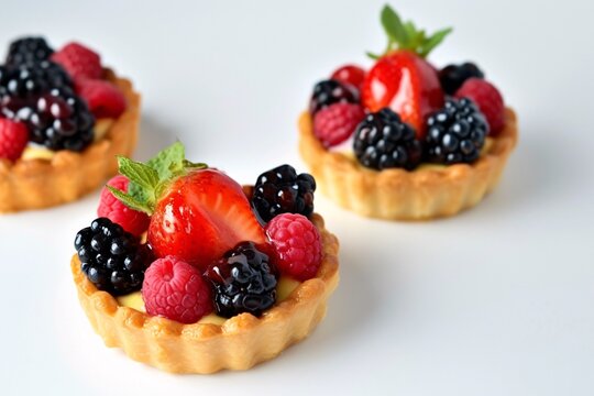 Gros plan sur des tartelettes aux fruits des bois sur fond gris &raquo; IA g&eacute;n&eacute;rative