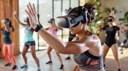 Group VR fitness class led by an energetic instructor. Sports cardio training, fitness, aerobics...