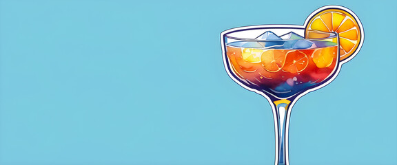 A cocktail decorated with orange. Cocktail illustration isolated on light blue background.
