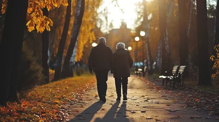 Fotobehang senior older couple walking and relaxing in autumn park by lake or river water, love and romance of retired man and woman  © goami