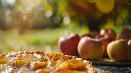 Une tarte tatin avec des pommes dans un jardin » IA générative - obrazy, fototapety, plakaty