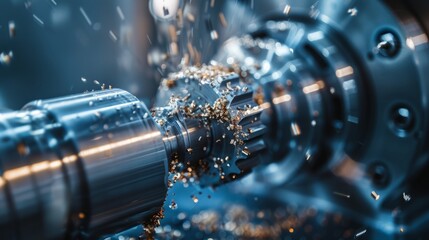 Close-up of a CNC lathe machine precision metalworking, with metal shavings and sparks, emphasizing modern manufacturing processes. - obrazy, fototapety, plakaty
