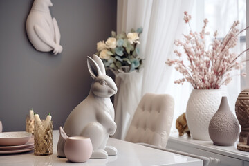 Easter dining room interior design with colorful eggs, white rabbit statue, vase with tulips and other decorations - obrazy, fototapety, plakaty