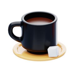 3D Black Coffee Cup On Plate Model Pure Elegance. 3d illustration, 3d element, 3d rendering. 3d visualization isolated on a transparent background