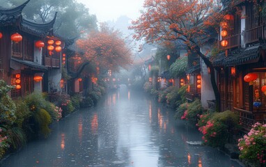 The ancient city, Chinese traditional buildings on the old street with rainy weather.  - obrazy, fototapety, plakaty