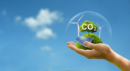 Ideas for reducing CO2 emissions on hand for the environment, global warming, sustainable development and green business from renewable energy.