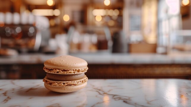 Gros plan sur un d&eacute;licieux macaron au chocolat sur comptoir en marbre &raquo; IA g&eacute;n&eacute;rative