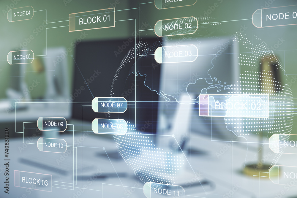 Poster Double exposure of abstract programming language with world map on laptop background, research and development concept