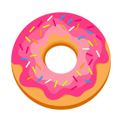 Donut with pink glaze and sprinkles. Bright donut for cafe, restaurant, sign, Vector illustration, isolated