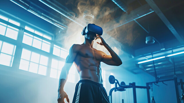 Muscular tattooed man flexes his arms during virtual reality immersion, in a modern gym with neon blue lights. Sports training, reboot in virtual reality