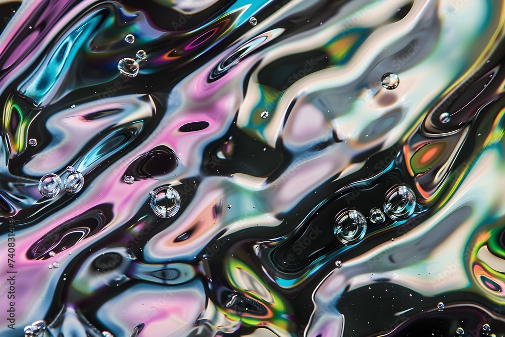 Poster abstract patterns of iridescent liquid swirling and splattering against a dark background. concept a