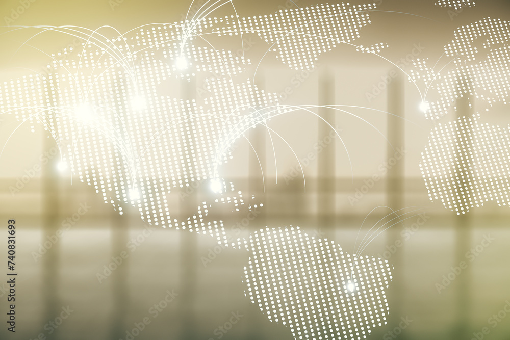 Poster double exposure of abstract digital world map hologram with connections on empty modern office backg