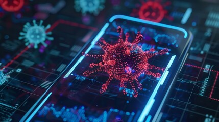 Conceptual image of a digital virus on a smartphone screen with surrounding data and graphs, depicting the risks of mobile malware. - obrazy, fototapety, plakaty