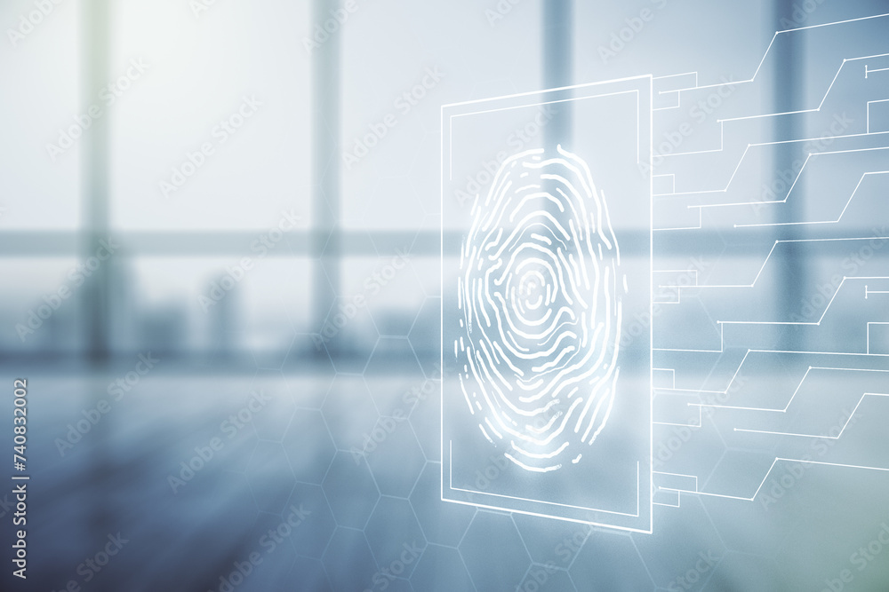 Aufkleber multi exposure of virtual creative fingerprint hologram on empty corporate office background, person