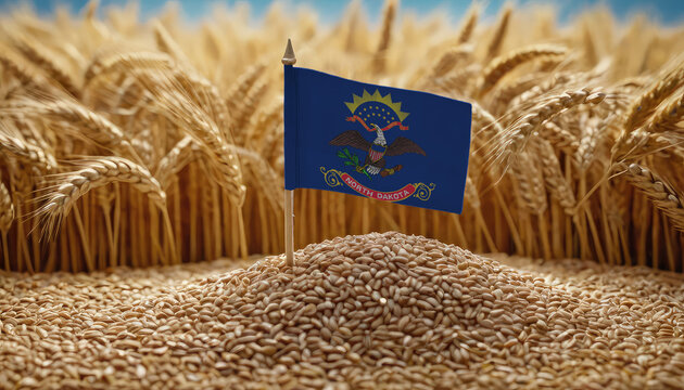 North Dakota flag on a wheat field. Trade, business or food crisis and famine concept