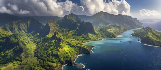 Aerial view of the picturesque island of Kauai showcasing stunning landscapes and serene beaches