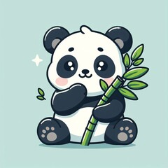 cute 2d illustrated panda eating bamboo 