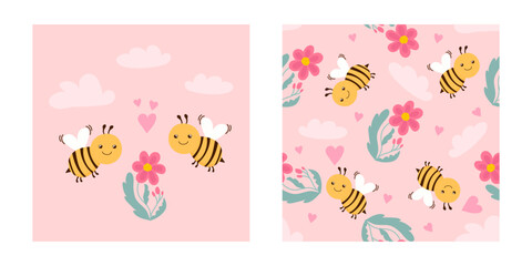 Cute hand drawn spring summer flower bees honey Bright pattern fabric cloth wallpaper wrap paper.