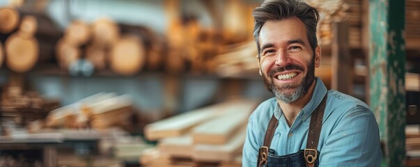 A Happy Carpenter Working in a Woodworking Shop with a Content Smile. Concept Woodworking, Carpentry, Workshop, Craftsman, Content Smile - obrazy, fototapety, plakaty