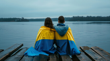 young couple covered with Ukrainian flag, immigration and patriotism concept, russian invasion and Ukraine crisis