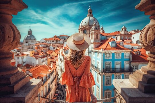 A woman in a flowing dress and straw hat stands on a balcony overlooking a picturesque European city with vibrant buildings and domed rooftops under a bright blue sky&mdash;travel, charm beauty.