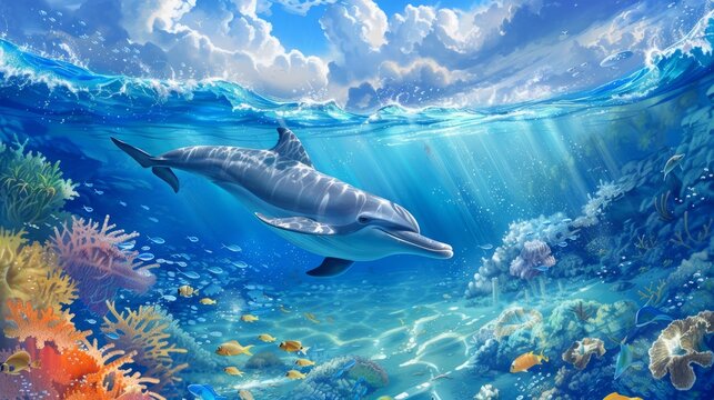 Dolphin Swimming Amidst Vibrant Underwater Paradise