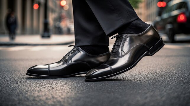 A close-up of a pair of polished black dress shoes worn by a man standing on an urban street. The scene highlights sophistication, style, and professionalism, capturing the elegance of business attire