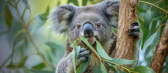 Adorable koala bear eating eucalyptus leaf on lush tree branch in natural habitat