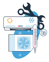 Air conditioner and climate control professional maintenance and repair services banner or emblem template, flat vector illustration.