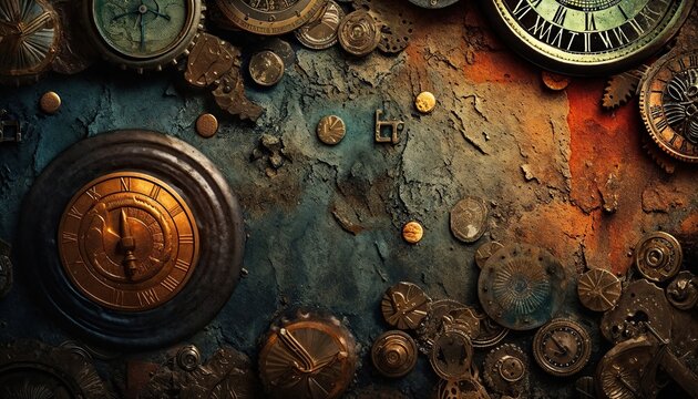 An intricate collection of vintage clocks and gears arranged artistically on a textured surface. The scene is rich with detail, evoking a sense of timelessness and mechanical beauty.