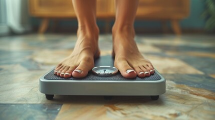 Close-up image of a woman's legs standing on a floor scale, indicating the measurement and monitoring of weight for a healthy lifestyle. Concept of fitness, weight management, and well-being. - obrazy, fototapety, plakaty