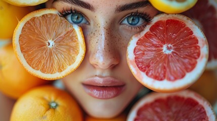 Beautiful young woman enjoying a rejuvenating fruit facial mask with slices on her face, embracing a natural skin care routine for a fresh and healthy complexion.