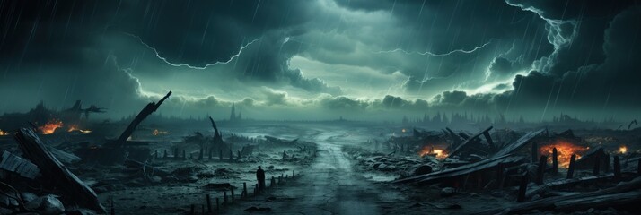 A storm raging in the midst of a city, with dark clouds, lightning strikes, and strong winds - obrazy, fototapety, plakaty