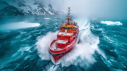 Foto auf Acrylglas An expedition craft navigating through icy northern waters, amidst a backdrop of grand ice floes. The picturesque setting reflects a journey filled with exploration and wonder. © Dmitry