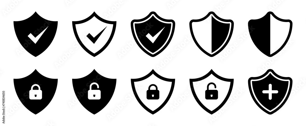 Poster security and protection shield collection with tick lock and unlock mark symbol for antivirus in bla