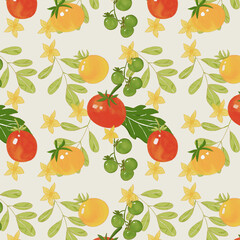seamless pattern with tomato doodle for label tomato paste or Tomato juice packaging. Hand-drawn vegetarian background. Organic vegetables. Vegan ornament for eco market banner