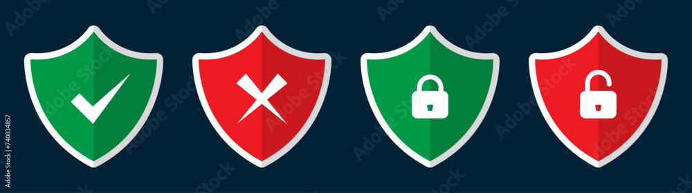 Poster security and protection shield set with tick lock and unlock symbol for antivirus in green and red c
