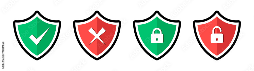 Poster security and protection shield set with tick lock and unlock symbol for antivirus icon in green and 