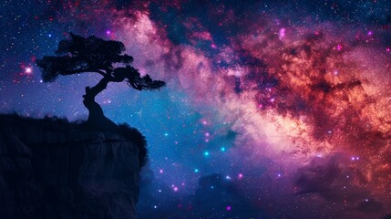 A lone tree perched on a cliff silhouette against a dazzling cosmic backdrop, with a colorful nebula illuminating the starry night sky.