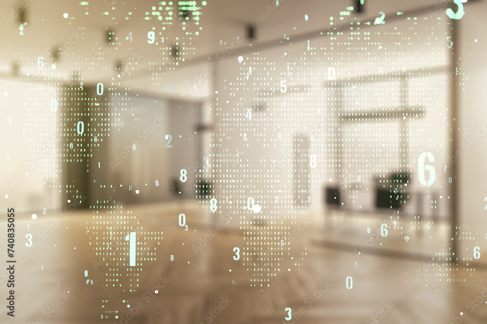 Poster Multi exposure of abstract creative coding sketch and world map on a modern furnished office background, artificial intelligence and neural networks concept