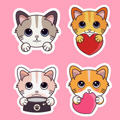 Vector illustration of a sticker pack of cartoon kawii cat heads, with various cute expressions perfect for stickers, labels, etc