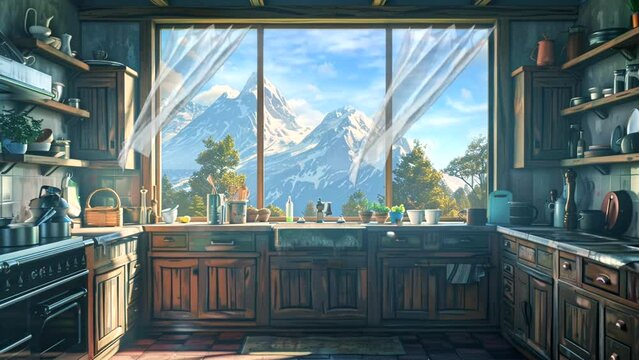 Kitchen with open windows and beautiful views of nature in the mountain. Seamless looping 4k time-lapse video animation background