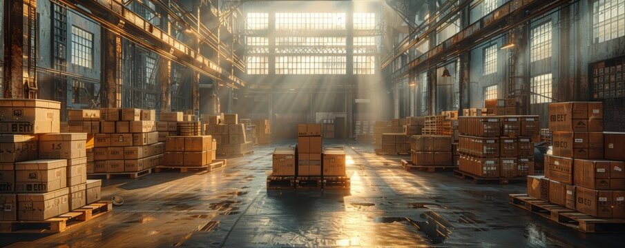Box packages in a steampunk warehouse innovation and green energy themes intertwined