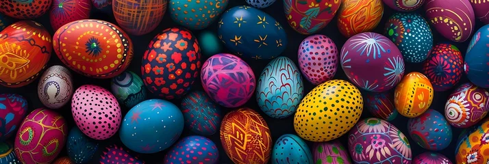 Fotobehang Easter holiday background wallpaper, bunny, colorful eggs pattern, colored egg, banner design, card poster © Filip