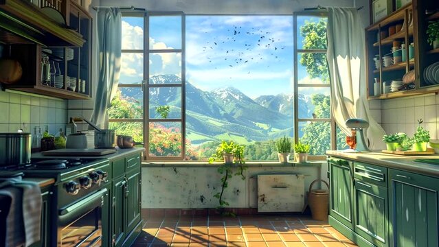 Kitchen with open windows and beautiful views of nature in the mountain. Seamless looping 4k time-lapse video animation background